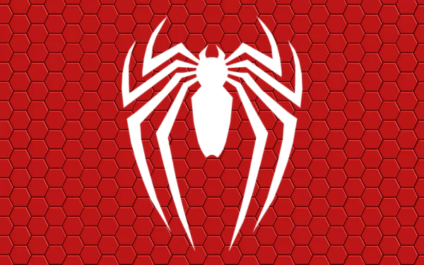 HD desktop wallpaper featuring the Spider-Man PS4 logo. The white spider emblem stands out against a red hexagonal-patterned background.