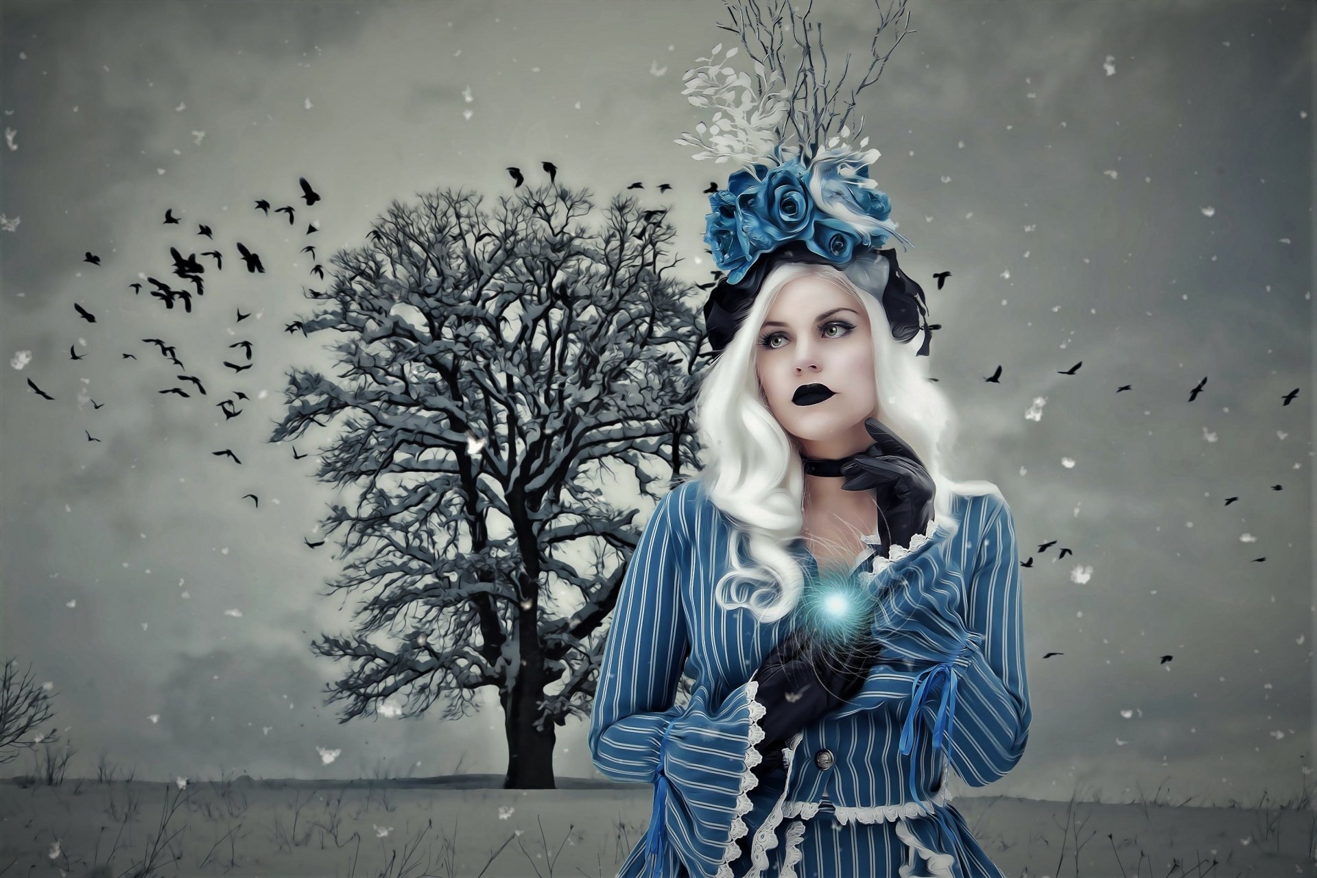 Gothic fantasy 2K Quad HD PC wallpaper: pale woman with white hair and dark lipstick in winter snow, holding a glowing blue rose, birds flocking and a bare tree behind her.