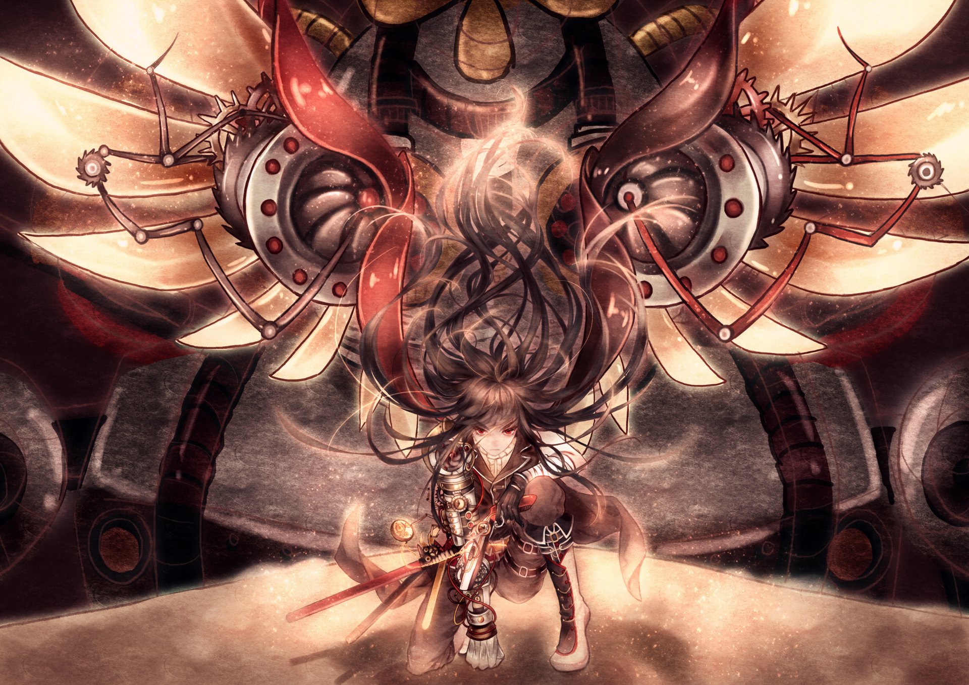 Download Sword Steampunk Bandage Gun Red Eyes Glove Wings Black Hair Long Hair Anime Original HD Wallpaper by 521强力胶