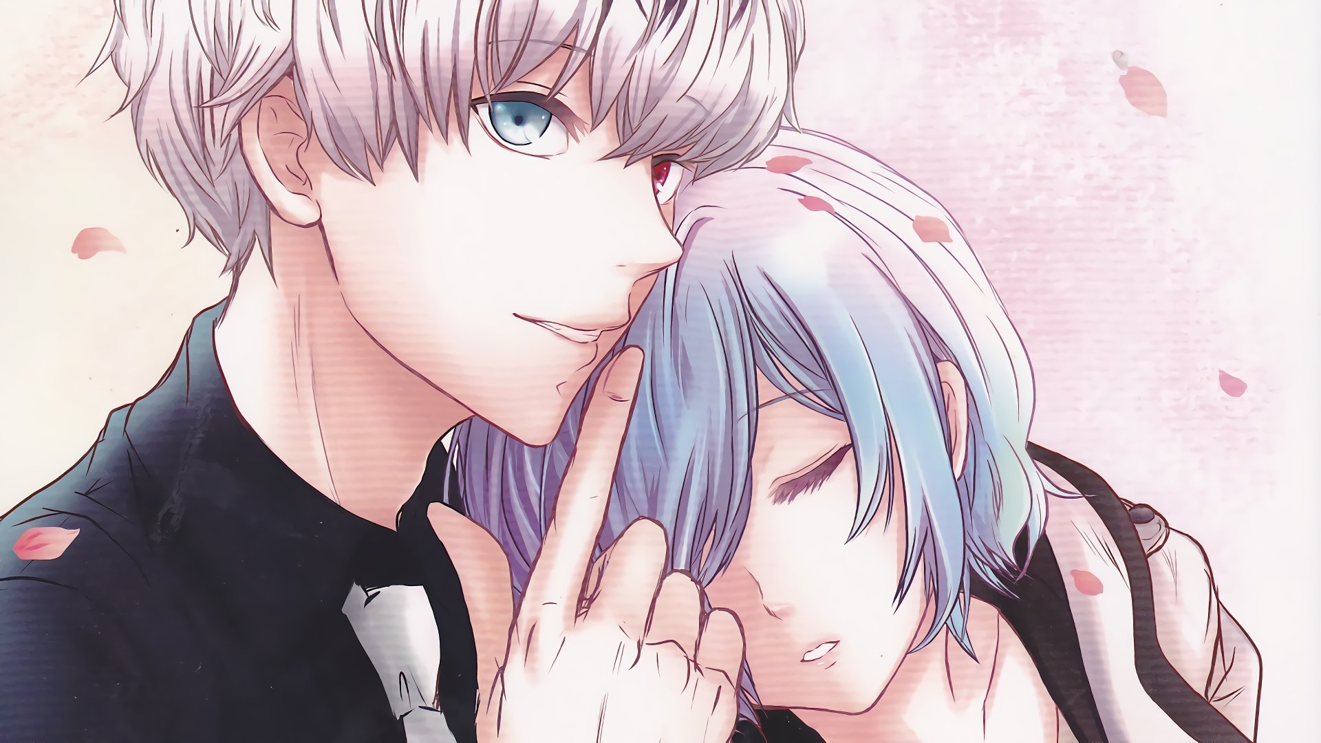 HD wallpaper featuring Ken Kaneki with heterochromia and Touka Kirishima from Tokyo Ghoul:re, in an intimate and serene pose with a soft pastel background.