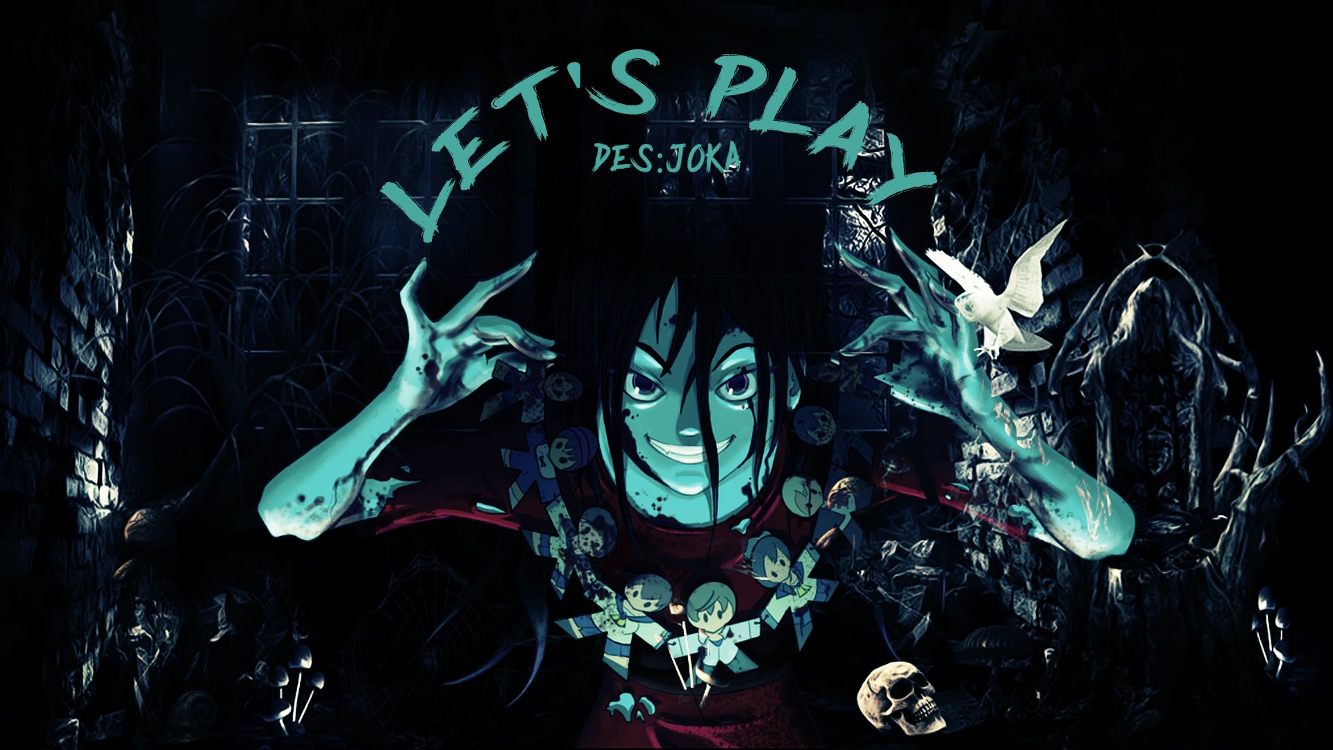 Scary Anime Corpse Party HD PC desktop wallpaper: grinning, pale-eyed girl rising from darkness, skeletal hands, chibi victims and skulls amid haunted school ruins.