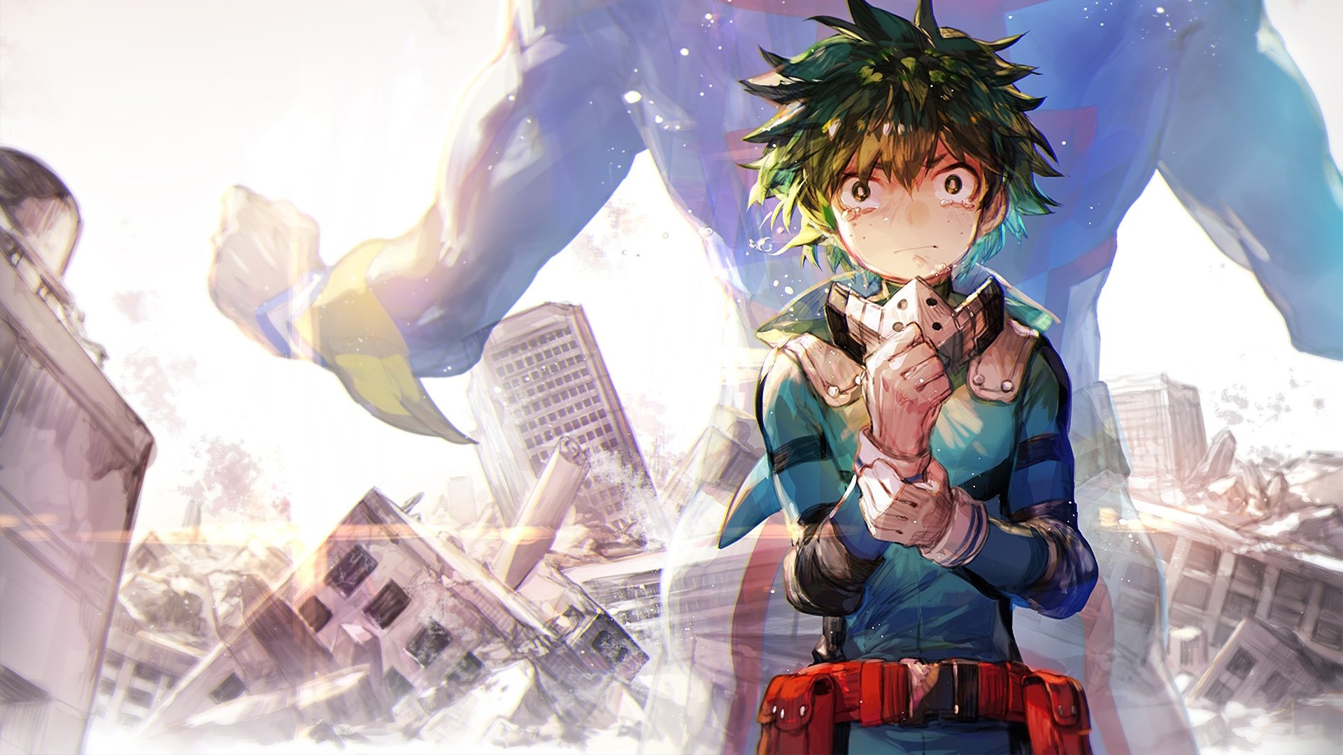 Izuku Midoriya from My Hero Academia stands amid city rubble with a looming All Might silhouette — vivid anime 4K Ultra HD PC desktop wallpaper/background.
