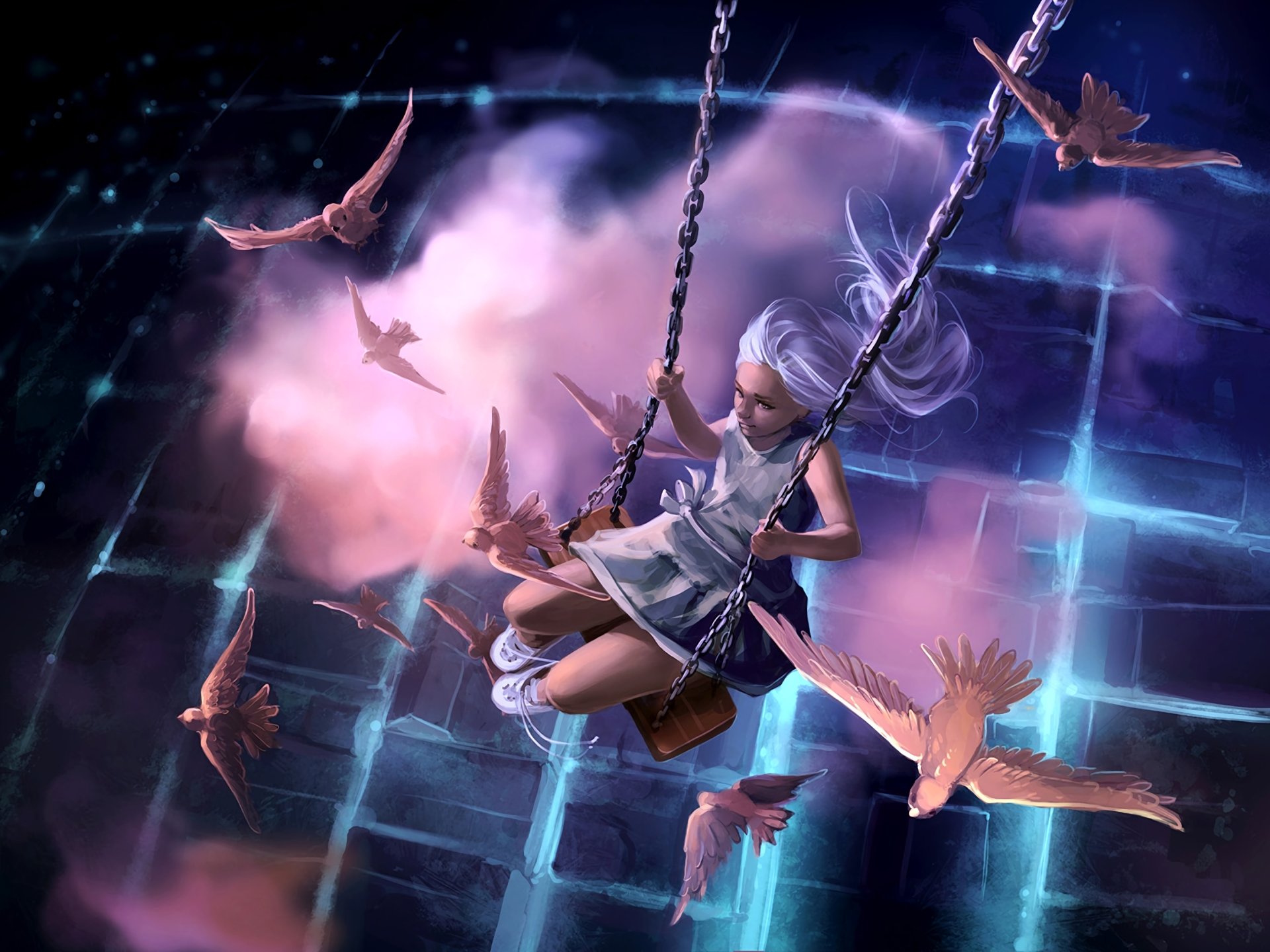 A little girl with white hair swings amid glowing grid patterns and pink clouds, surrounded by birds in a vibrant fantasy HD desktop wallpaper.