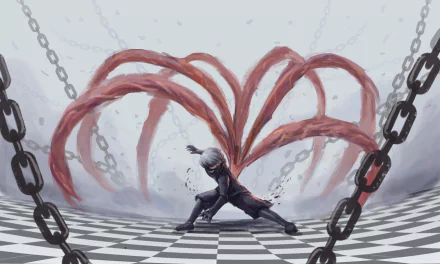 HD wallpaper featuring Ken Kaneki from Tokyo Ghoul √A and Tokyo Ghoul:re, with white hair and kagune, standing in a dramatic pose amidst chains on a checkered floor.