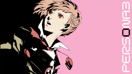 High-contrast anime portrait of the Persona 3 Portable protagonist in black and pink, video game art rendered as a 4K Ultra HD PC desktop wallpaper and background.