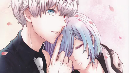 HD wallpaper featuring Ken Kaneki with heterochromia and Touka Kirishima from Tokyo Ghoul:re, in an intimate and serene pose with a soft pastel background.
