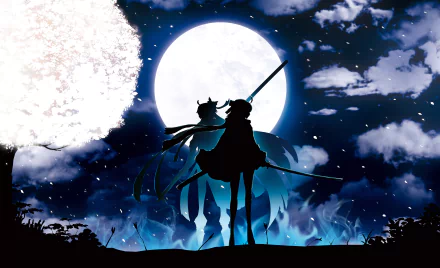 Sakura Saber and Demon Saber from Fate/Grand Order stand silhouetted against a glowing full moon in this 4K Ultra HD anime desktop wallpaper.