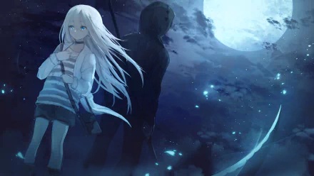 HD desktop wallpaper featuring Rachel Gardner and Zack from the anime Angels of Death, also known as Satsuriku no Tenshi. The scene is set against a moonlit sky with a dark, mysterious atmosphere.