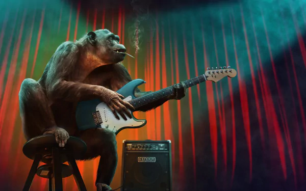 HD desktop wallpaper of a chimpanzee primate playing an electric guitar and smoking, set against a vibrant, colorful stage background with amplified lighting effects.