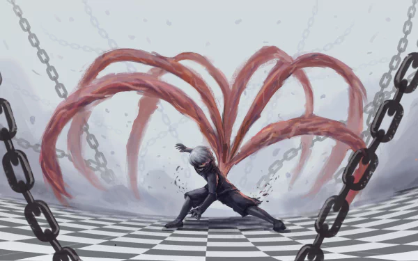 HD wallpaper featuring Ken Kaneki from Tokyo Ghoul √A and Tokyo Ghoul:re, with white hair and kagune, standing in a dramatic pose amidst chains on a checkered floor.