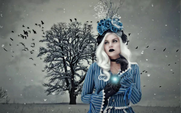 Gothic fantasy 2K Quad HD PC wallpaper: pale woman with white hair and dark lipstick in winter snow, holding a glowing blue rose, birds flocking and a bare tree behind her.