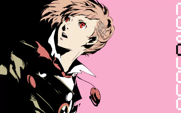 High-contrast anime portrait of the Persona 3 Portable protagonist in black and pink, video game art rendered as a 4K Ultra HD PC desktop wallpaper and background.