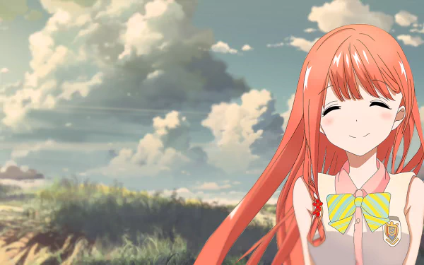HD anime wallpaper featuring Neko Fujinomiya from Masamune-kun's Revenge, smiling with long orange hair against a bright, cloudy sky background.