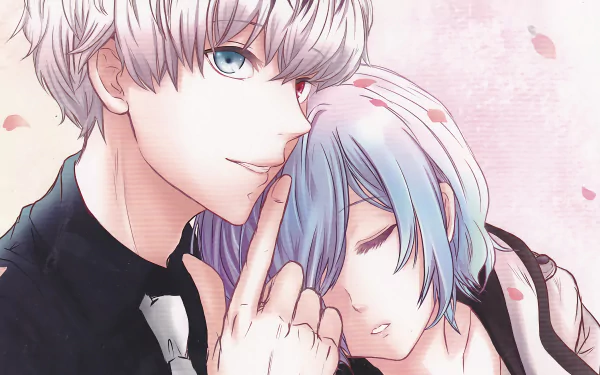 HD wallpaper featuring Ken Kaneki with heterochromia and Touka Kirishima from Tokyo Ghoul:re, in an intimate and serene pose with a soft pastel background.