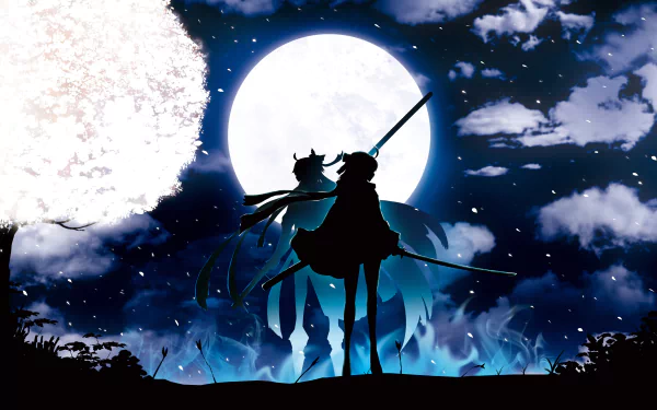 Sakura Saber and Demon Saber from Fate/Grand Order stand silhouetted against a glowing full moon in this 4K Ultra HD anime desktop wallpaper.