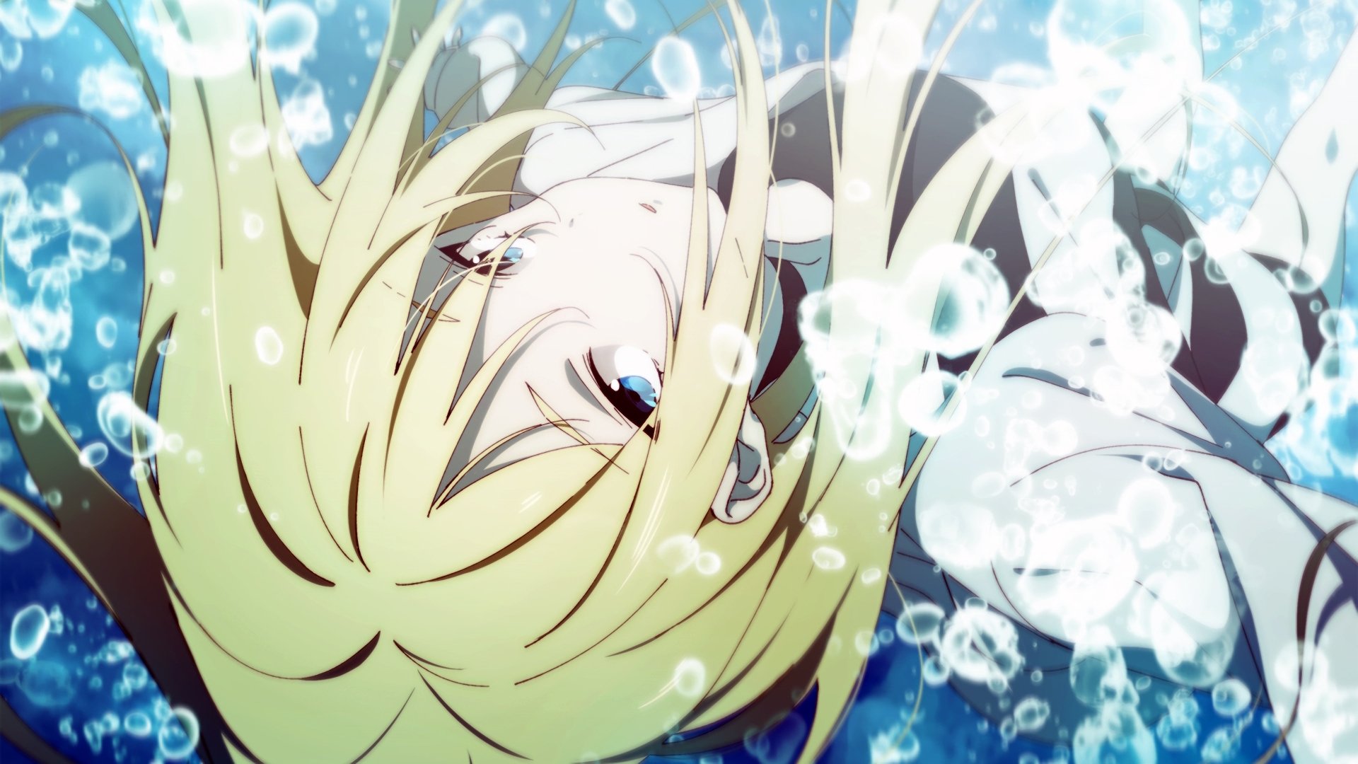 4K Ultra HD anime wallpaper featuring Rachel Gardner from Angels of Death submerged in water with bubbles, showcasing vivid blue tones and detailed character art.