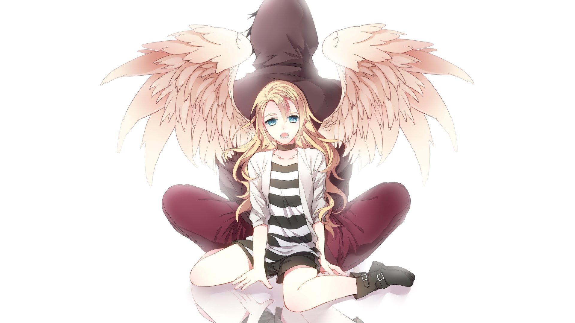 HD desktop wallpaper featuring Rachel Gardner and Zack from the anime Satsuriku no Tenshi (Angels of Death). Rachel sits in front with angelic wings, and Zack is seated behind her.