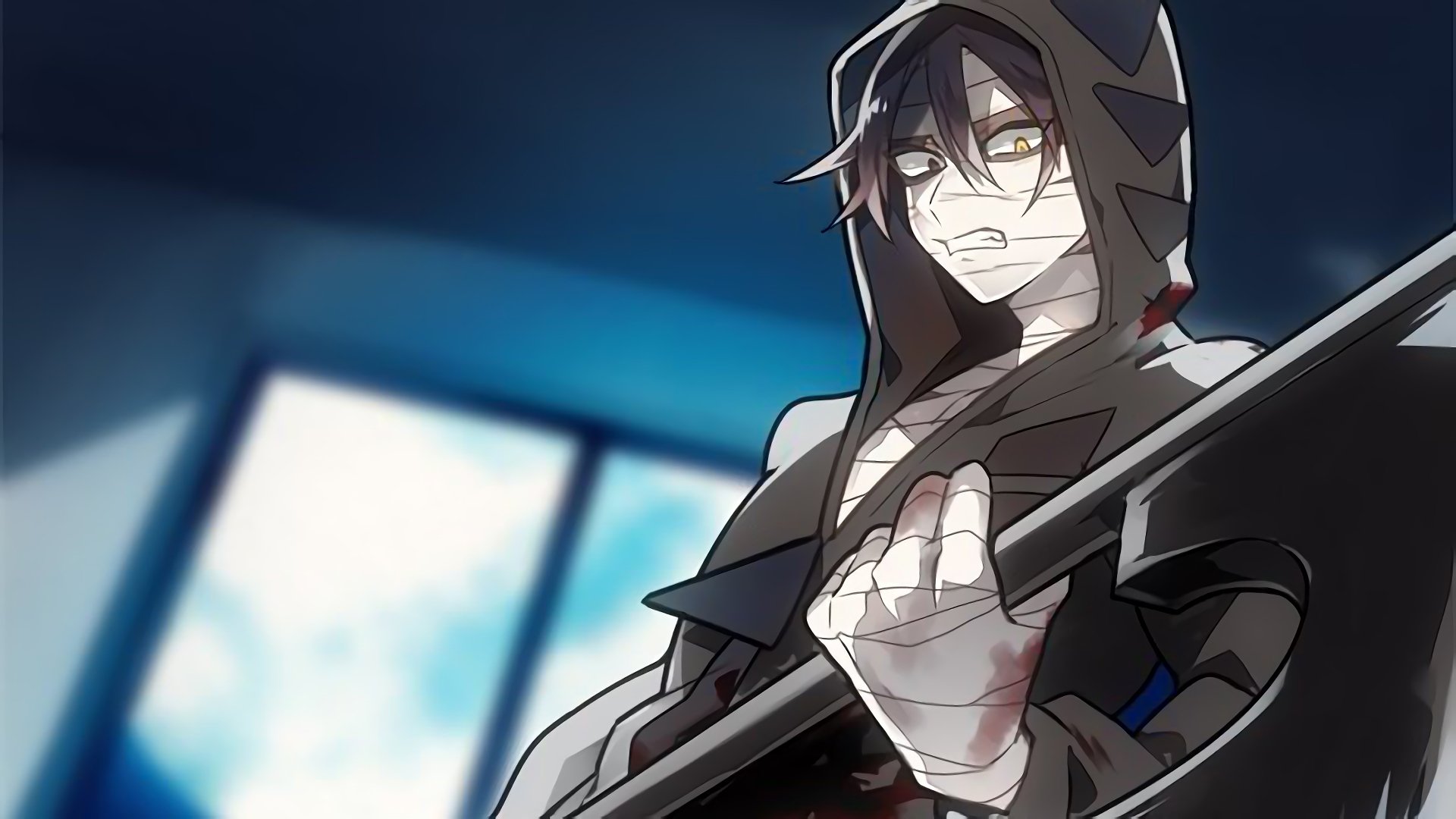 4K Ultra HD PC anime desktop wallpaper: Zack (Angels of Death) in a hood, bandaged hands gripping a large blade, fierce yellow eyes against a moody blue-lit background.