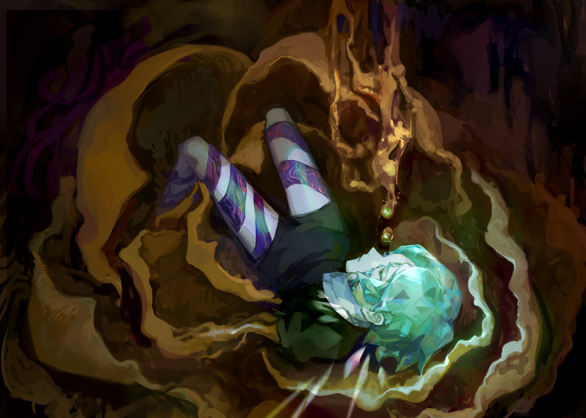 Phosphophyllite from Land of the Lustrous floating in a swirling amber cave, vivid aqua hair and striped socks — 4K Ultra HD PC desktop anime wallpaper/background.