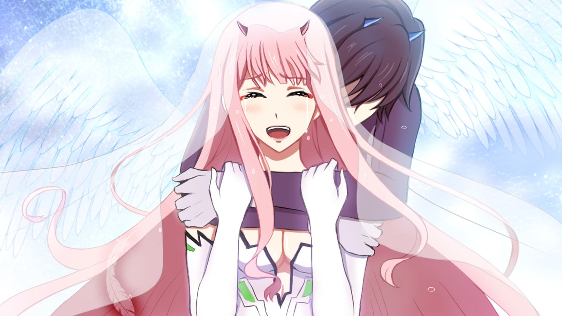 Anime characters Hiro and Zero Two from Darling in the FranXX embrace with joyful expressions. The HD desktop wallpaper showcases the duo with angelic wings in a serene background.