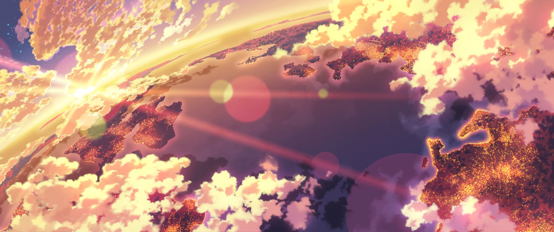 Anime-style HD desktop wallpaper showcasing a vibrant sunset over Earth’s curved horizon, with glowing clouds, sunlight, and colorful sky blending sea and sky in a stunning scenery.