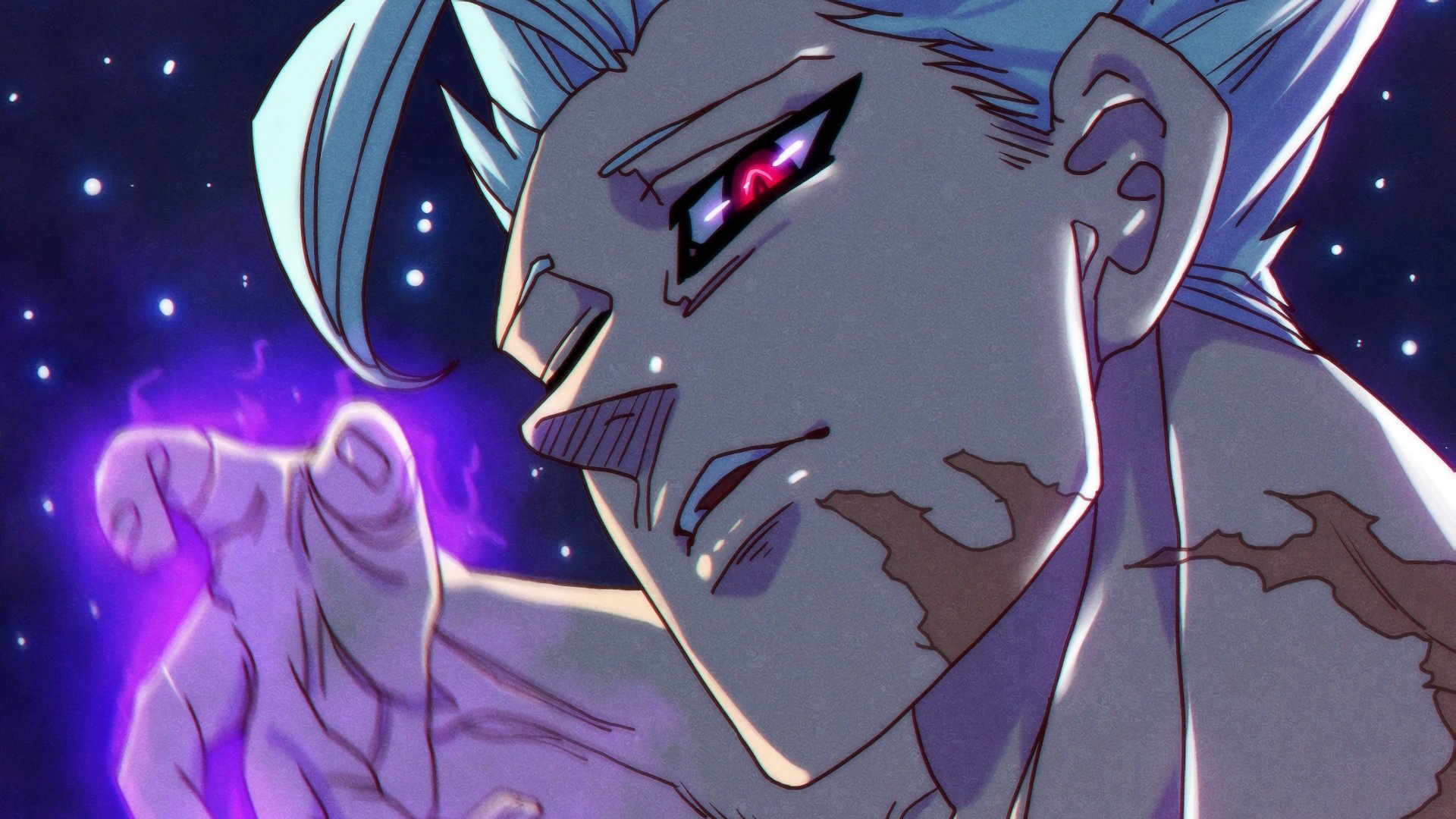 Ban's Fierce Glare: The Scarred White-Haired Demon in Glowing Red Eyes