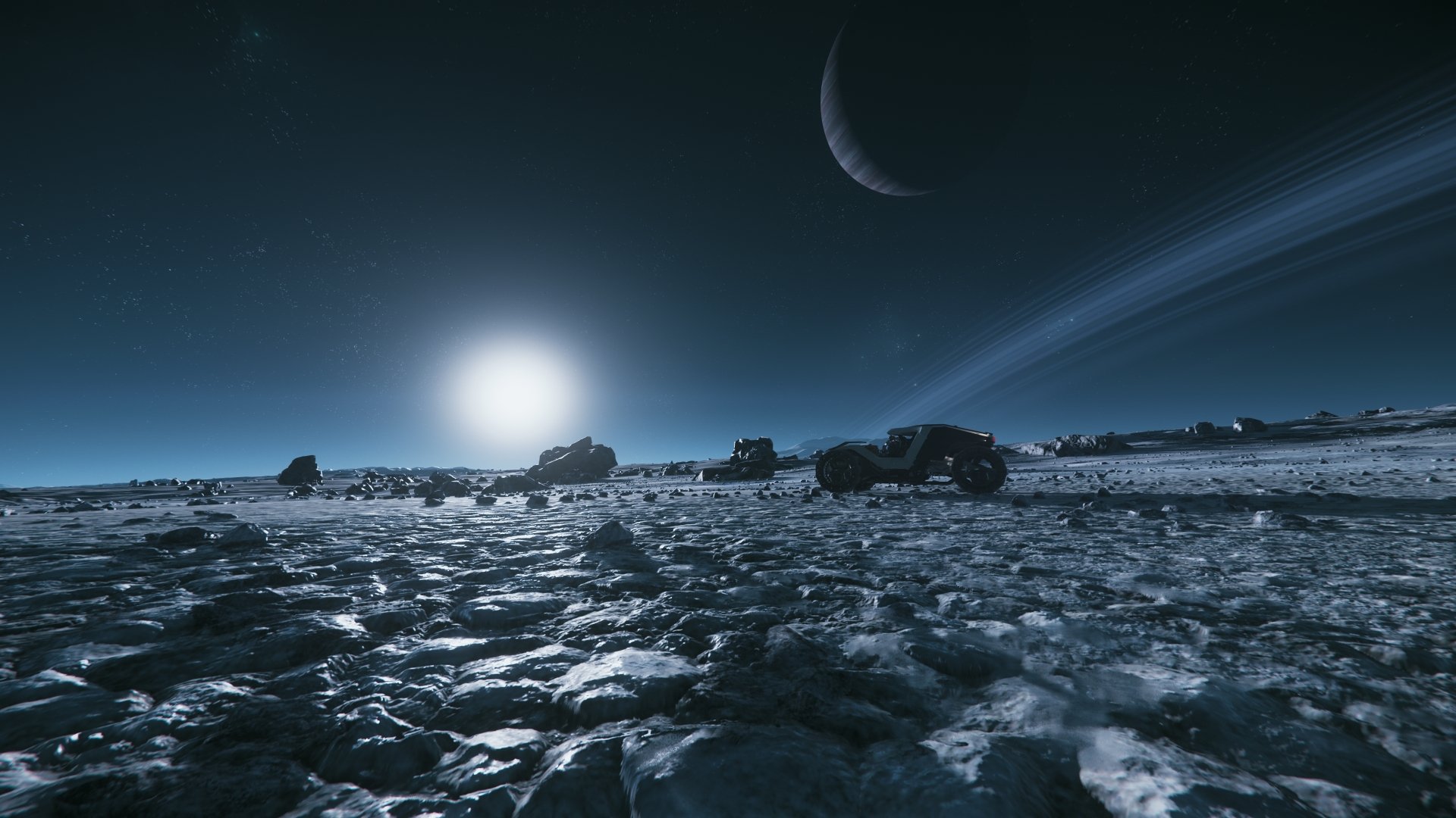 4K Ultra HD PC wallpaper of a Cyclone vehicle on Yela's rocky surface under a glowing sun and crescent moon, from the video game Star Citizen.