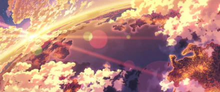 Anime-style HD desktop wallpaper showcasing a vibrant sunset over Earth’s curved horizon, with glowing clouds, sunlight, and colorful sky blending sea and sky in a stunning scenery.