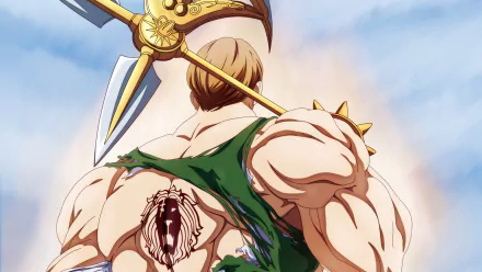 HD wallpaper featuring Escanor from the anime The Seven Deadly Sins. He stands with a large axe over his shoulder, displaying his muscular back and divine tattoo, set against a clear sky.