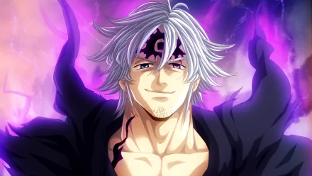 Estarossa (The Seven Deadly Sins) smirking, silver hair and dark forehead mark, surrounded by a purple aura — anime 4K Ultra HD PC desktop wallpaper background.