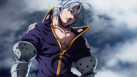 Estarossa from The Seven Deadly Sins stands confidently against a stormy sky in this 4K Ultra HD anime desktop wallpaper.