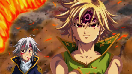 4K Ultra HD anime wallpaper featuring Estarossa and Meliodas from The Seven Deadly Sins with a fiery, intense background.