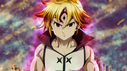 HD desktop wallpaper featuring Meliodas from the anime The Seven Deadly Sins, with a determined expression and a dynamic background.