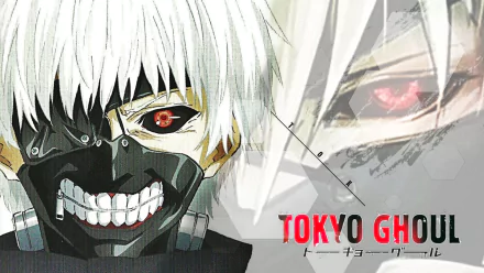 HD anime desktop wallpaper of Ken Kaneki and Haise Sasaki from Tokyo Ghoul — split-face close-up with white hair, a red eye, black mask and the series logo.
