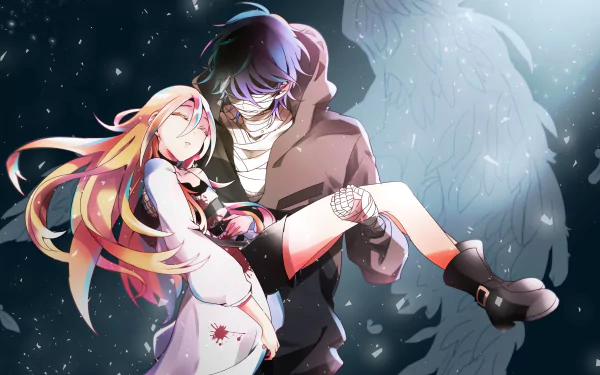 4K Ultra HD anime wallpaper featuring Zack and Rachel Gardner from Angels of Death, with a dark, ethereal background and angelic wings silhouette.
