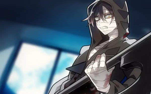 4K Ultra HD PC anime desktop wallpaper: Zack (Angels of Death) in a hood, bandaged hands gripping a large blade, fierce yellow eyes against a moody blue-lit background.
