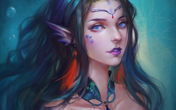 Fantasy Women Face Lipstick Blue Eyes Black Hair Long Hair HD Wallpaper | Background Image
