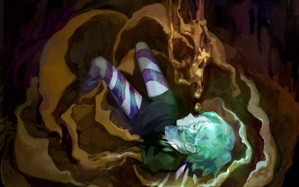 Phosphophyllite from Land of the Lustrous floating in a swirling amber cave, vivid aqua hair and striped socks — 4K Ultra HD PC desktop anime wallpaper/background.