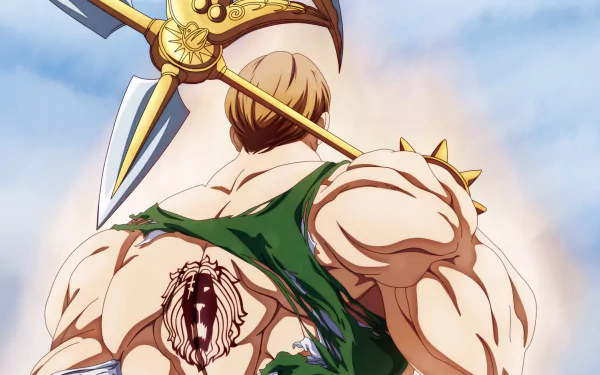 HD wallpaper featuring Escanor from the anime The Seven Deadly Sins. He stands with a large axe over his shoulder, displaying his muscular back and divine tattoo, set against a clear sky.