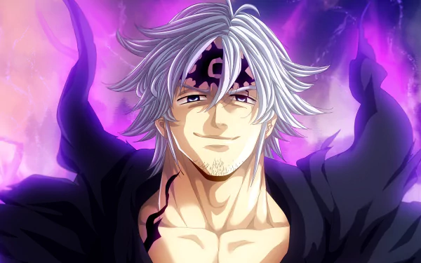 Estarossa (The Seven Deadly Sins) smirking, silver hair and dark forehead mark, surrounded by a purple aura — anime 4K Ultra HD PC desktop wallpaper background.