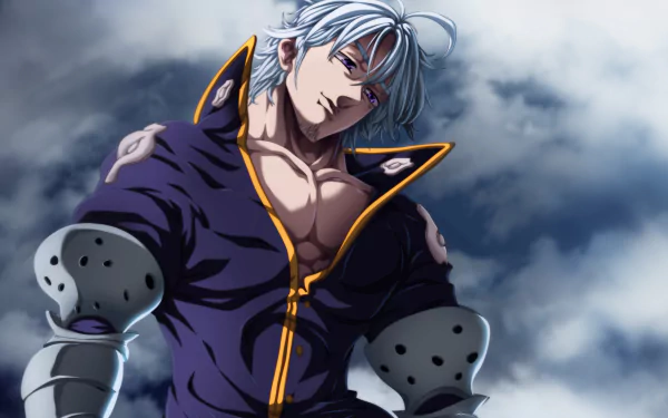 Estarossa from The Seven Deadly Sins stands confidently against a stormy sky in this 4K Ultra HD anime desktop wallpaper.