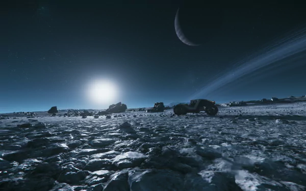 4K Ultra HD PC wallpaper of a Cyclone vehicle on Yela's rocky surface under a glowing sun and crescent moon, from the video game Star Citizen.