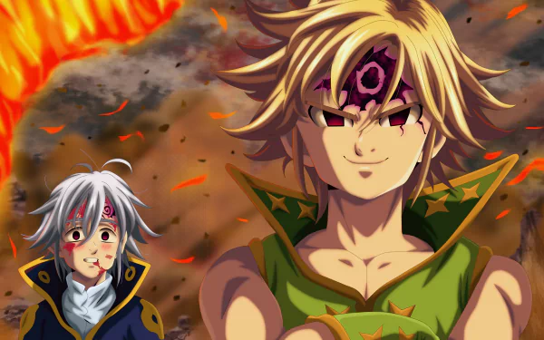 4K Ultra HD anime wallpaper featuring Estarossa and Meliodas from The Seven Deadly Sins with a fiery, intense background.