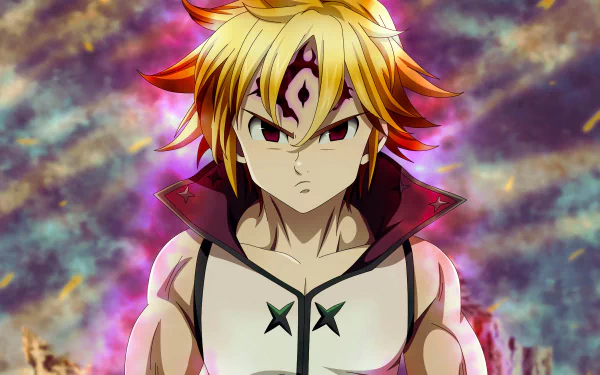 HD desktop wallpaper featuring Meliodas from the anime The Seven Deadly Sins, with a determined expression and a dynamic background.