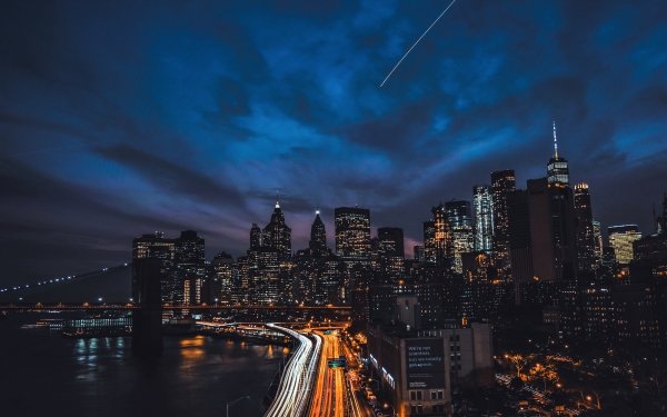 Man Made New York Cities United States City Night Light Meteor Skyscraper Bridge Time-Lapse HD Wallpaper | Background Image
