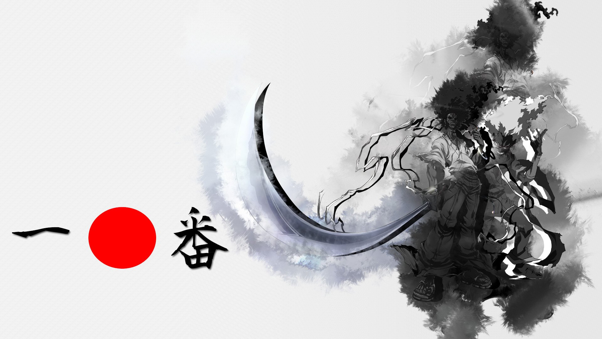 HD Anime desktop wallpaper featuring Afro Samurai with bold brush strokes and a striking red sun against a minimalist white background.