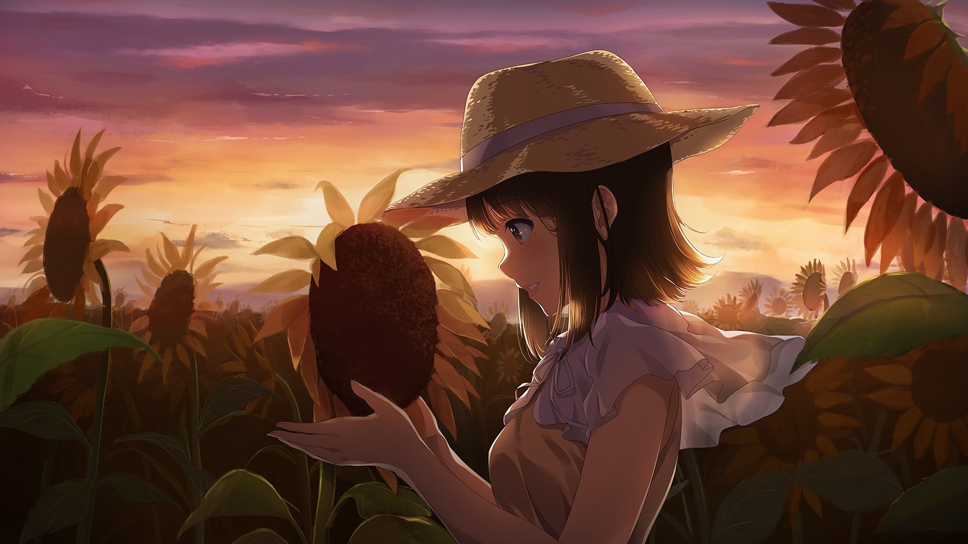 HD anime original desktop wallpaper featuring a girl in a sunhat holding a sunflower at sunset in a blooming sunflower field.