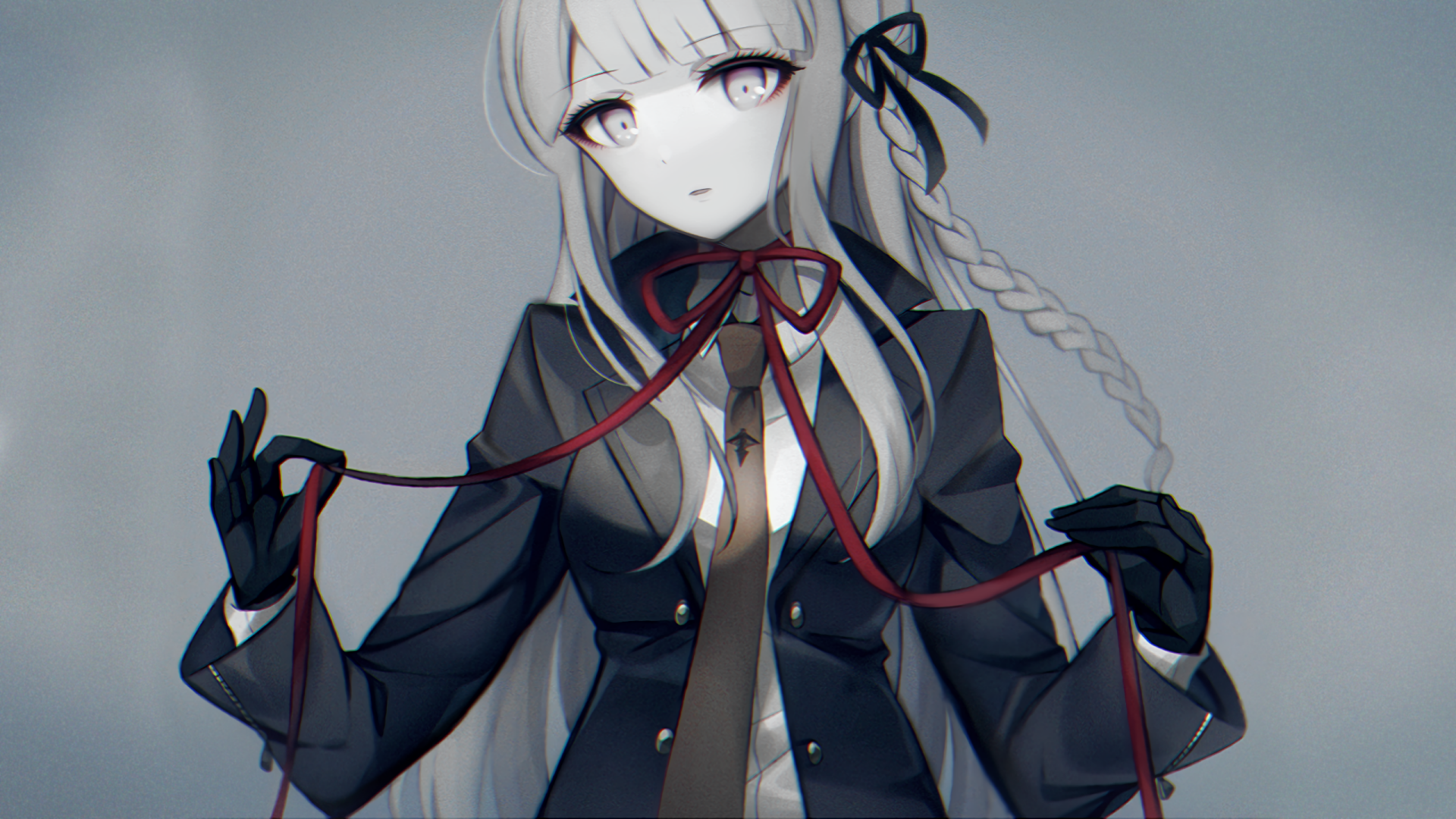 HD desktop wallpaper featuring Kyōko Kirigiri from the anime Danganronpa, dressed in a black outfit and holding red ribbons.