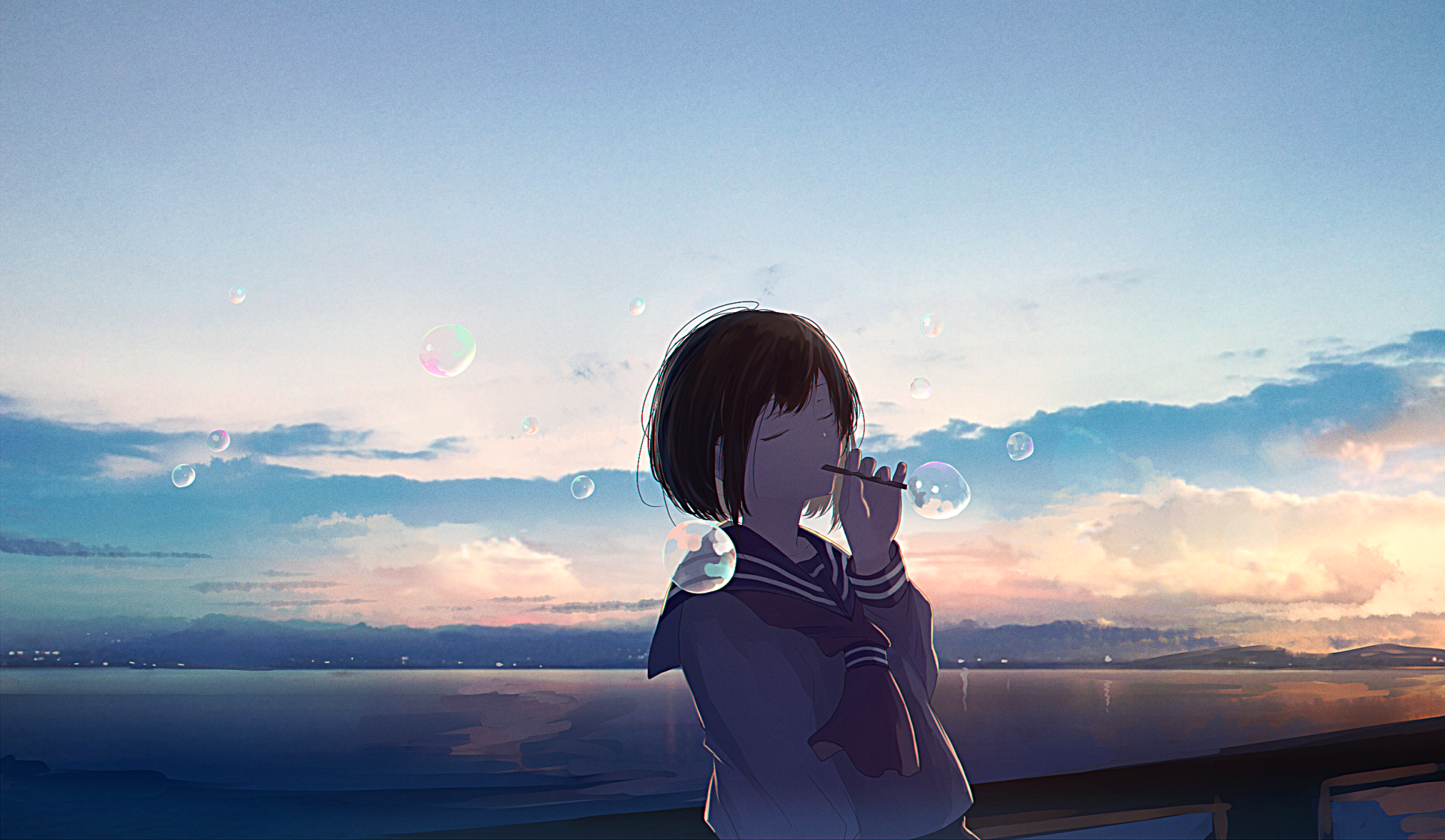 Download Sunset Bubble Brown Hair Short Hair Anime Girl Anime Girl HD ...