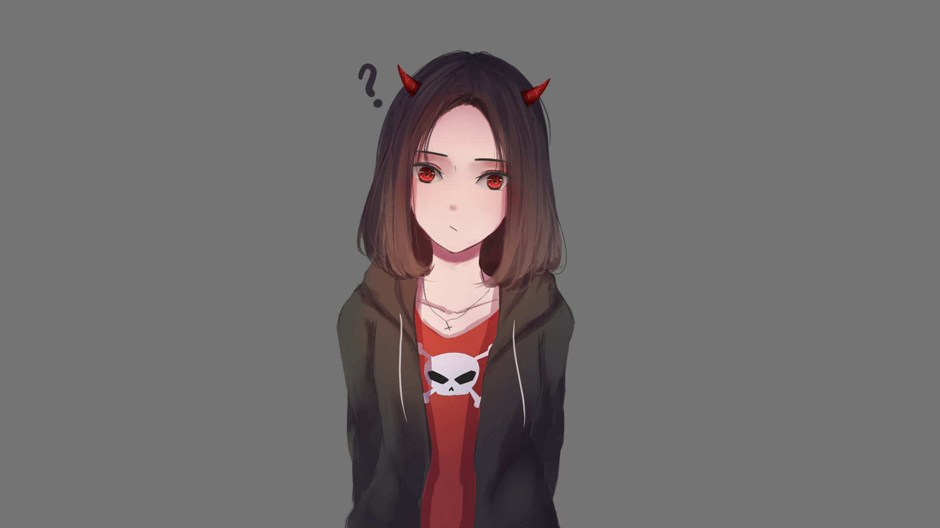 An HD desktop wallpaper featuring an anime character with black hair, red eyes, and red horns, wearing a skull-themed top, looking puzzled against a gray background.